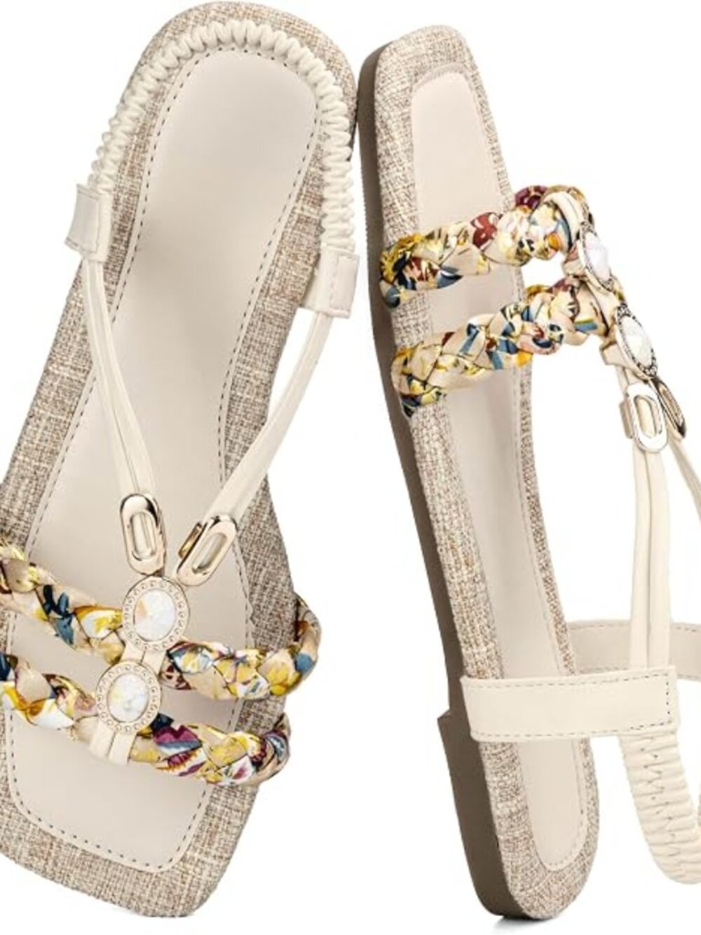 Women's White Braided Rhinestone Square Toe Elastic Ankle Strap Flat Sandals
